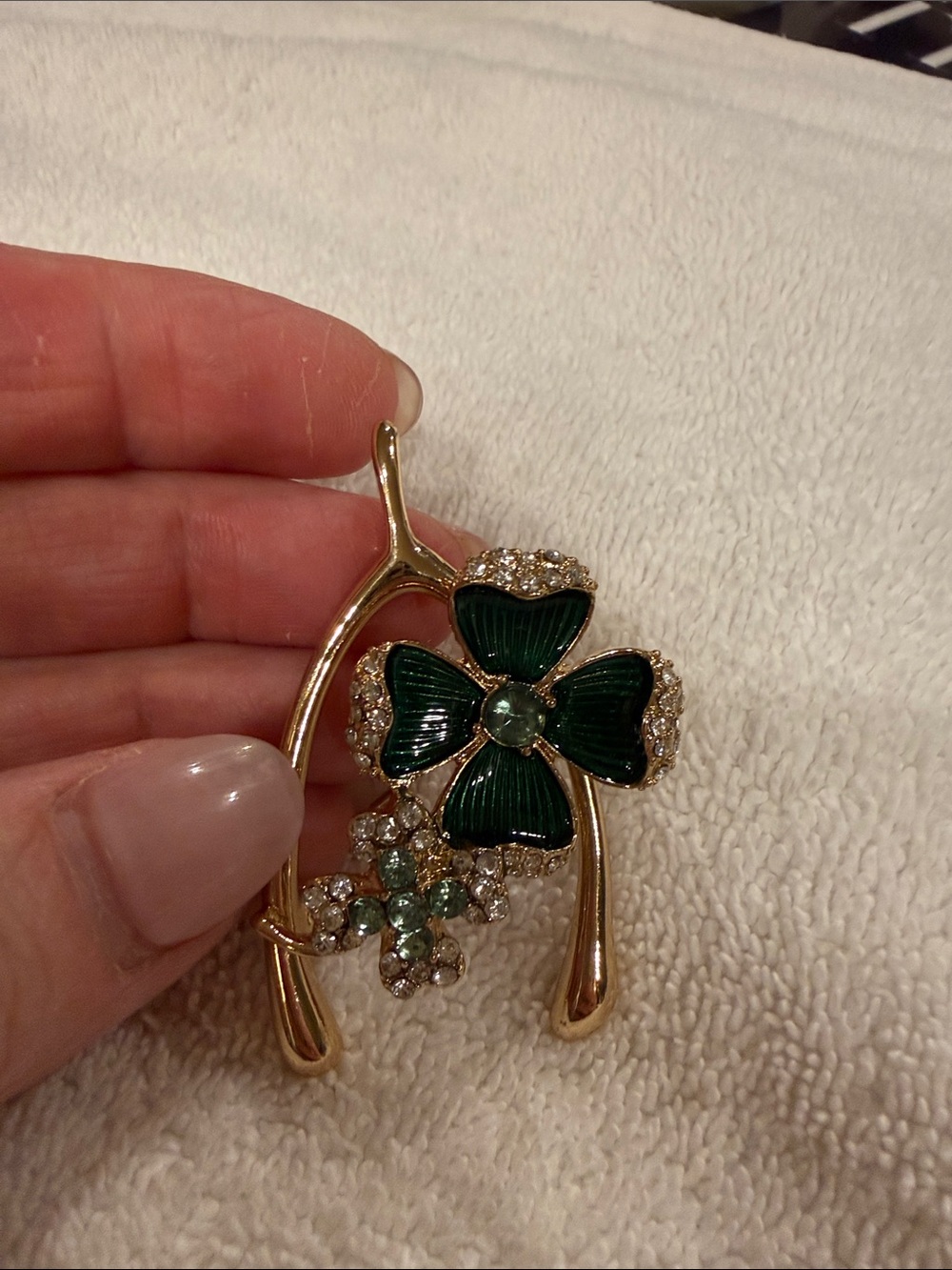 Gold-Tone Green Clover Brooch with Crystal Accents